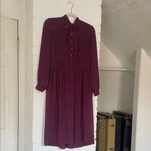 Vintage Long Sleeve Chiffon Plum Dress with Neck Bow